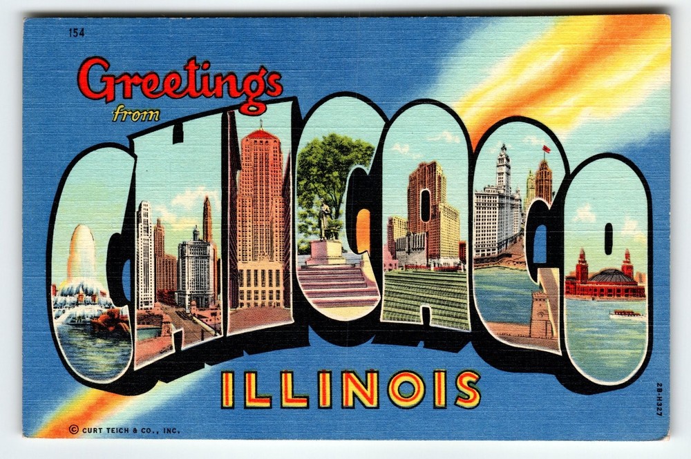 Vintage Curt Teich Linen Postcard 1940's-1950's Greetings from Chicago Illinois