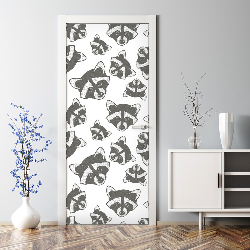 Bubble-free self-adhesive raccoon door sticker for kids room in monochrome