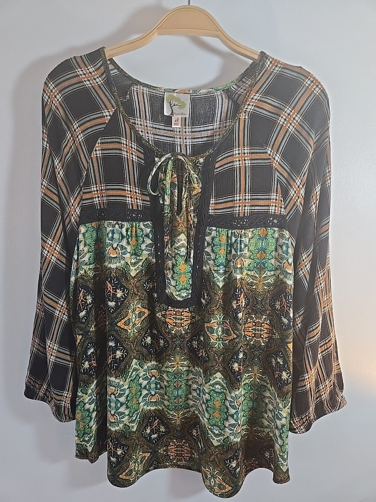 Fig And Flower Anthropologie Boho Rayon Top Blouse Size XL Tie Front