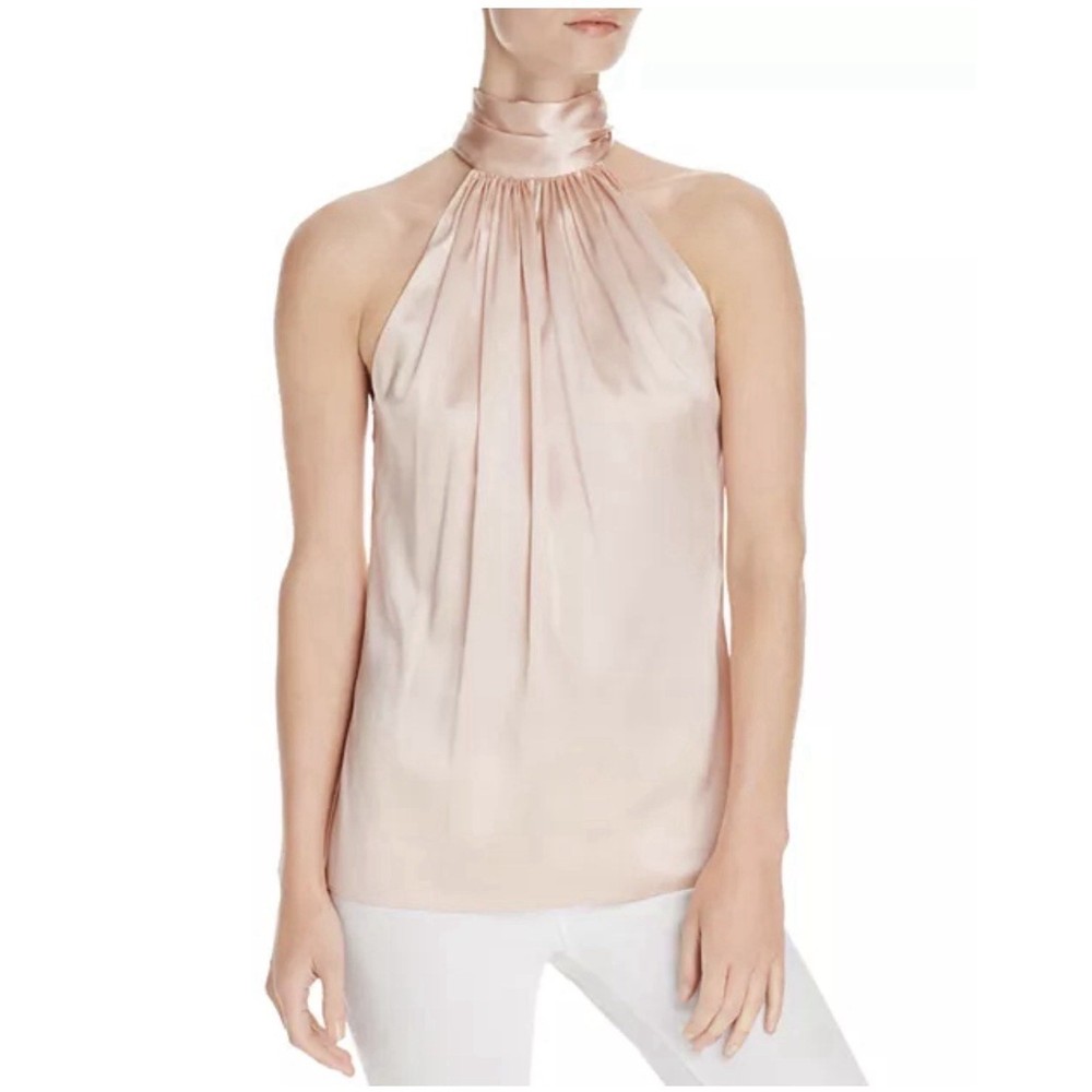 Ramy Brook Lori Halter Top Size XS Silk Sleeveless Blouse Pink Tie Neck Chic