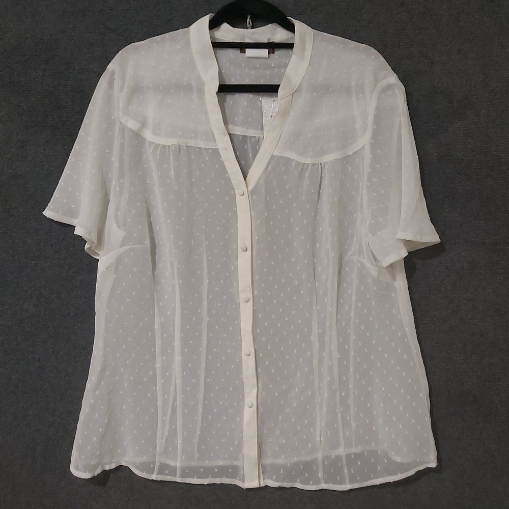 Suzanne Grae Size 14 White Sheer Blouse NWT Button Up Lightweight Short Sleeve