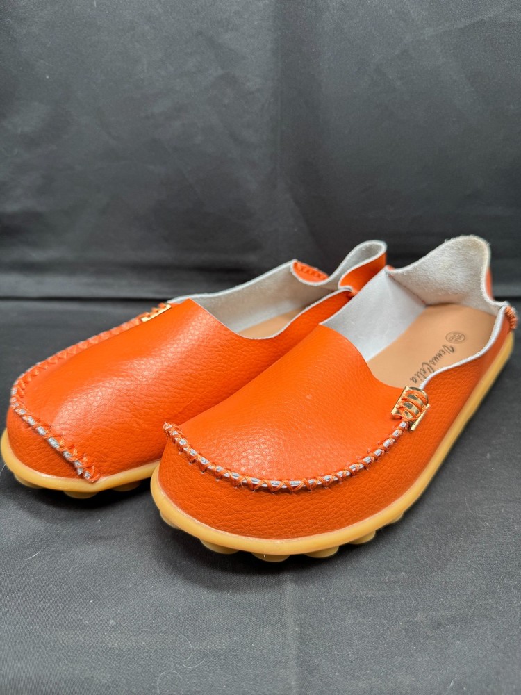 Venus Celia Women's Orange Moccasins Natural Comfort Leather Loafer Size 40(8.5)