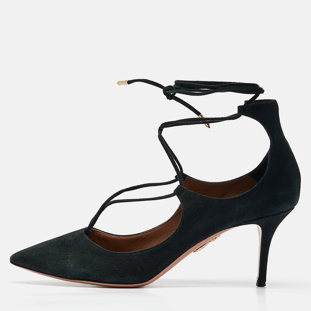 Aquazzura Black Suede Pointed Toe Ankle Wrap Pumps Size 42