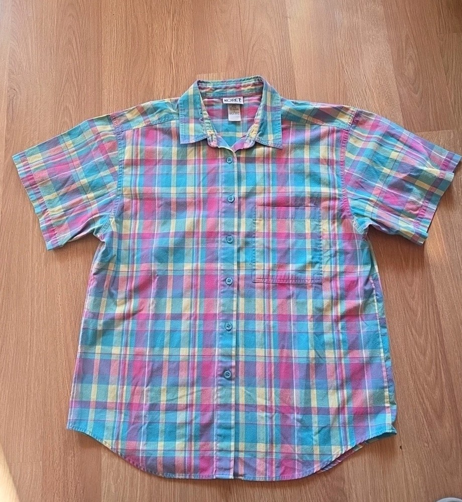 Koret Francisca Pastel Plaid Button Up Shirt Womens Large Short Sleeve Cotton Bl