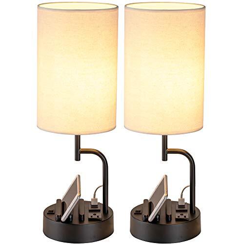 Table Lamp with 3 USB Charging Ports, Modern Desk Lamp with AC Linen Shade