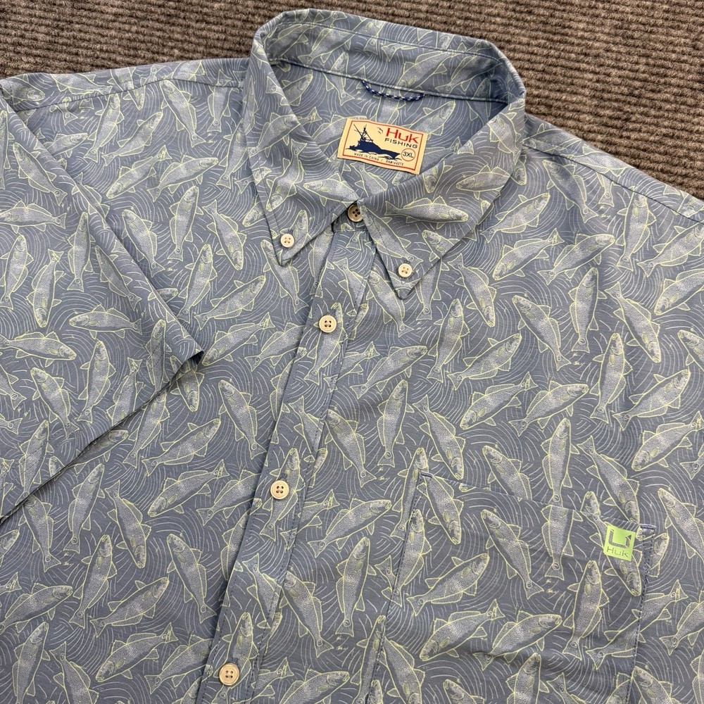 Huk Fishing Button Down Short Sleeve Shirt Men’s Size 3XL Redfish All Over Print