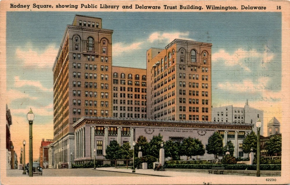 Rodney Square, Public Library, Delaware Trust Building, Wilmington, Postcard