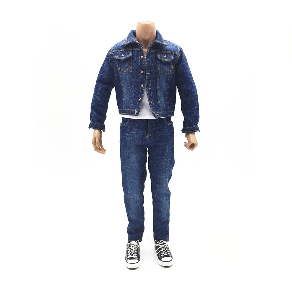 1/6 Male Blue denim jacket pants Jeans vest suit Fit 12'' Action Figure Body Toy