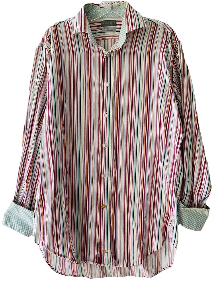 Thomas Dean Mens Size Medium Striped Cotton Flip Cuffs Long Sleeve Casual Shirt