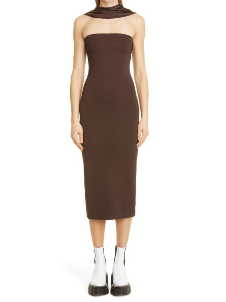 ET OCHS Womens Brown Bandeau Neckline Faux Scarf Sleeveless Midi Dress 2