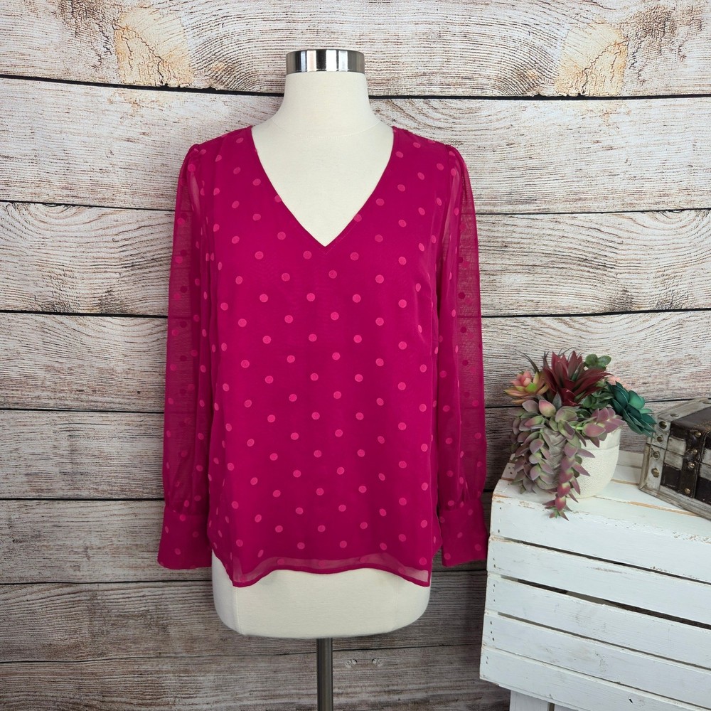 J Crew Womens Pink Polka Dot V-Neck Long Sleeve Blouse XS