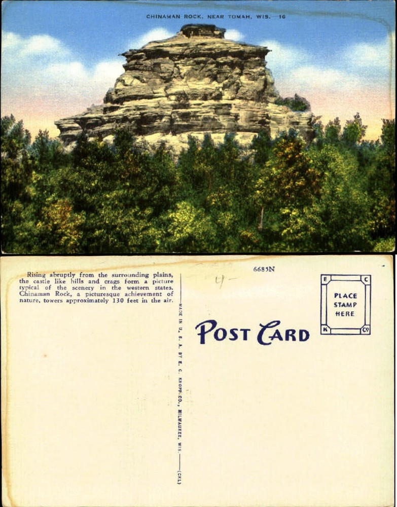 Chinaman Rock near Tomah Wisconsin WI 1940s ~ vintage postcard