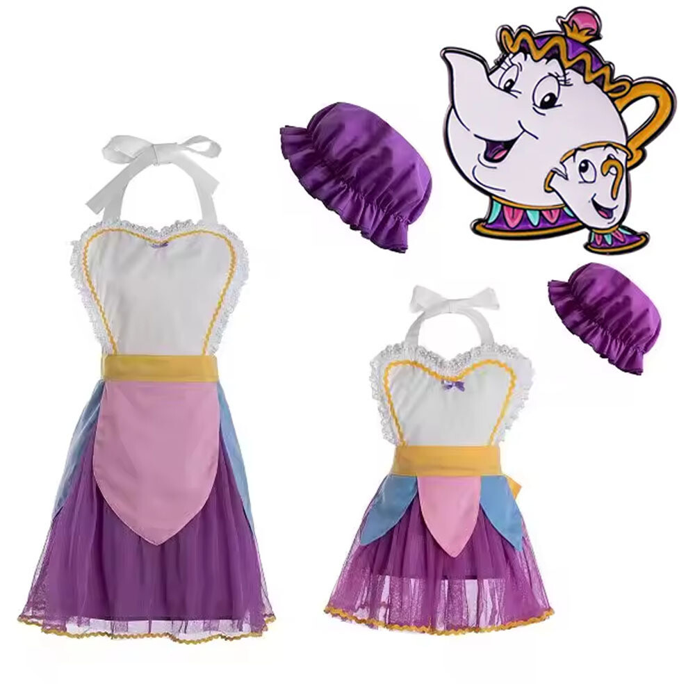 Tea Potts Cosplay Mrs Potts Dress Beauty and The Beast Costume Apron Hat