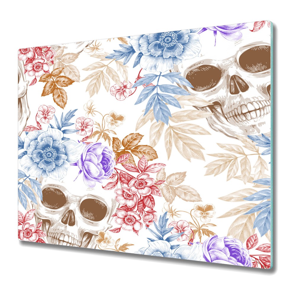 Glass Worktop Saver Sugar Skull Skull Skull Flowers and Leaves 60x52