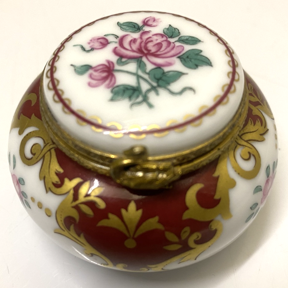 Vintage Porcelain Trinket Box Made in Portugal Floral Gold Detail