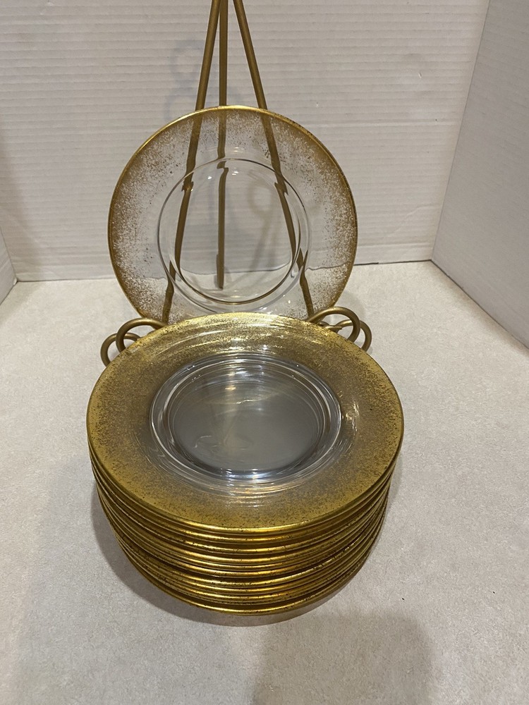 Clear Glass Gold Sparkly Rim Salad Dessert Plates 7” Set of 12