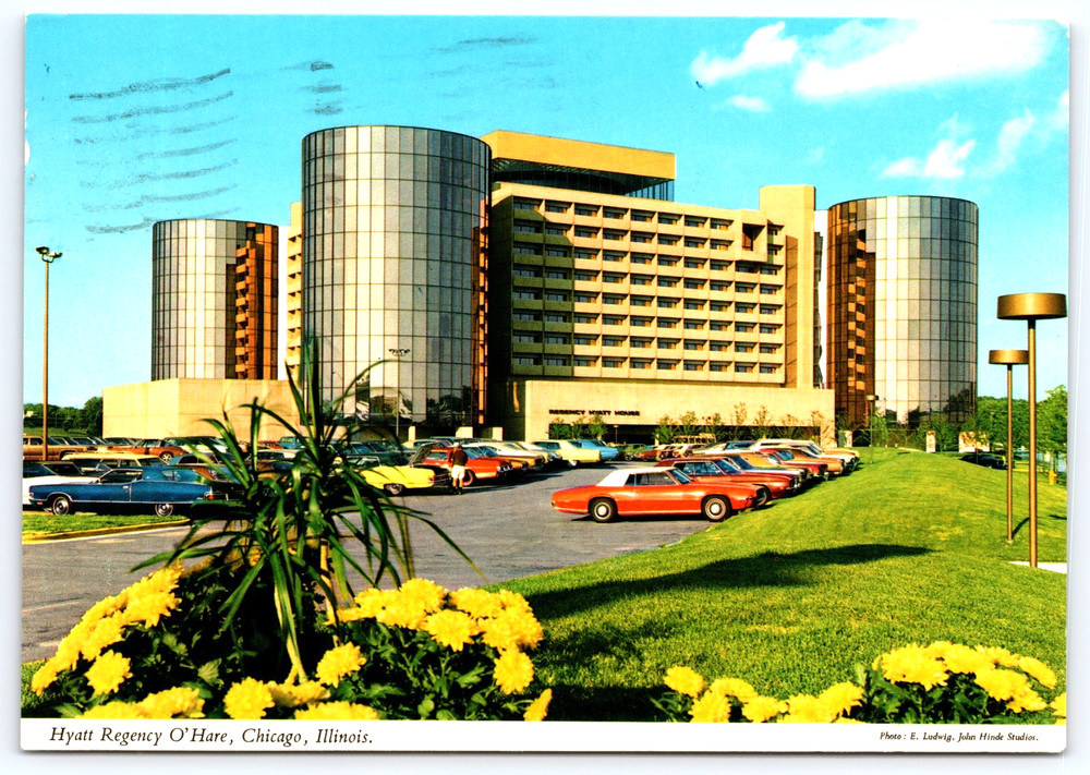 Chicago Illinois IL Hyatt Regency O'Hare Hotel Cars Vintage Photo Postcard 1974