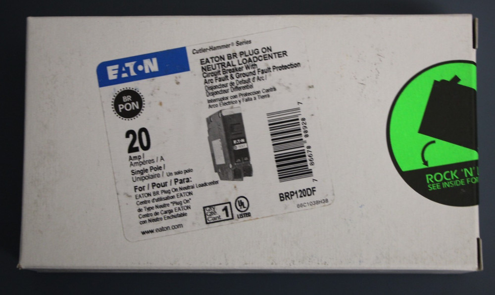 Eaton BRP120DF 20A Plug-On Neutral Dual Function Circuit Breaker 1-Pole