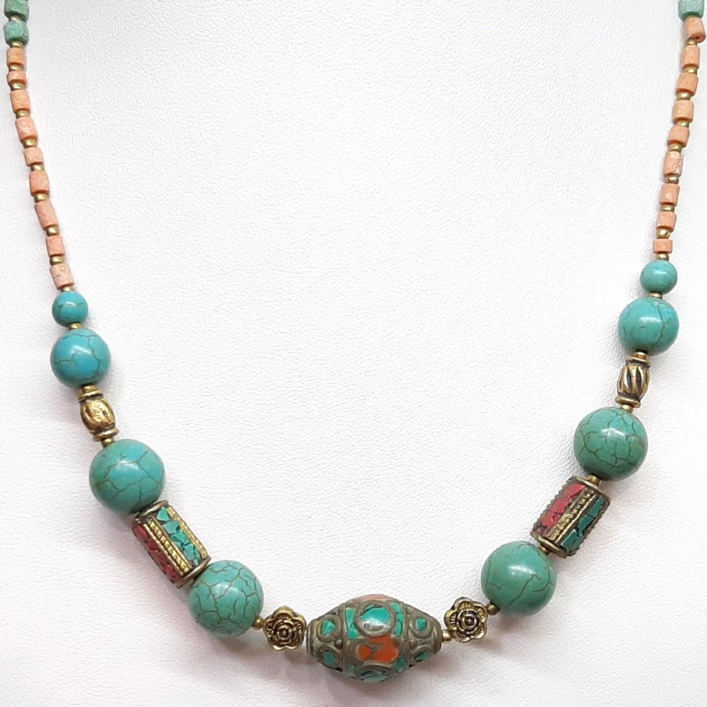 Vintage 35.60ctw Turquoise & Coral Silver Necklace 30g
