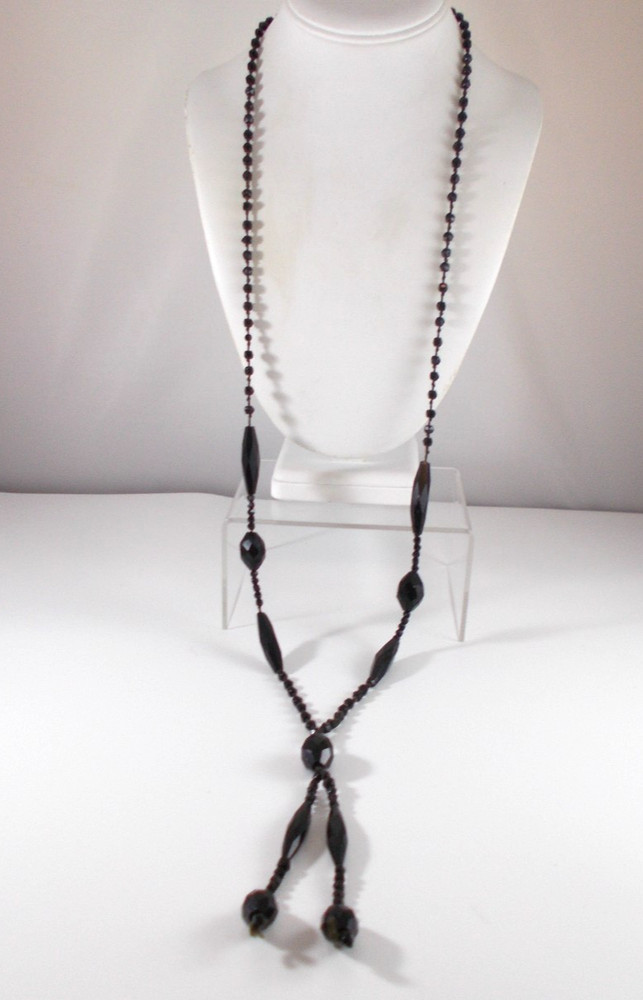 Vintage Black Glass Bead Art Deco Flapper Necklace with 2 Dangles