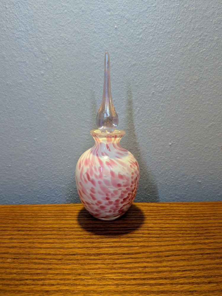 Art Glass Perfume Bottle with Tear Drop Shaped Stopper Iridescent Pink White Vtg