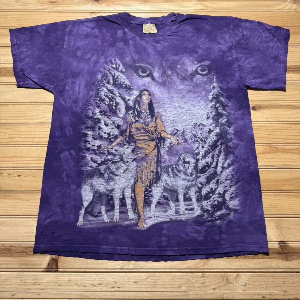 Vintage 90s Native American Maiden Wolf Pack Nature Tie Dye T-Shirt USA - Large