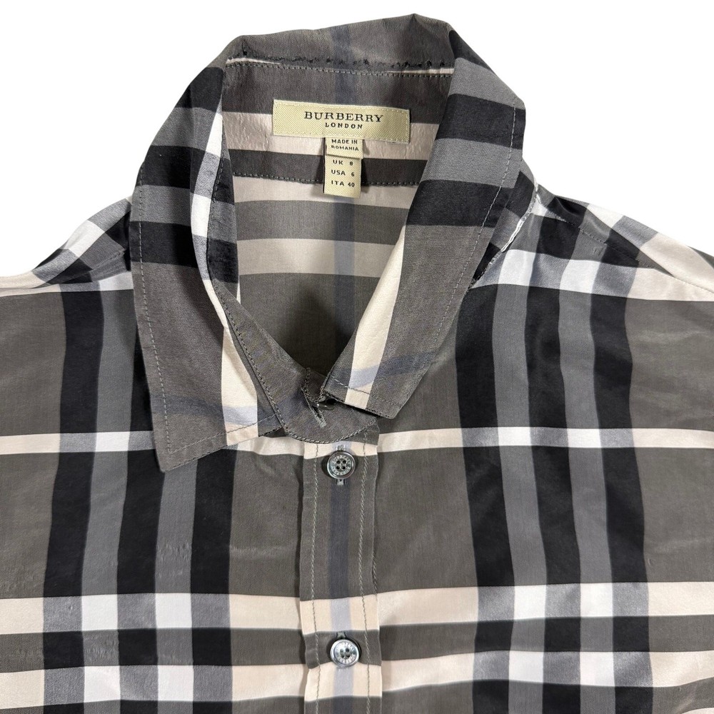 Burberry London Nova Check Button Up Shirt Women’s 6 Gray Plaid AS IS Damaged