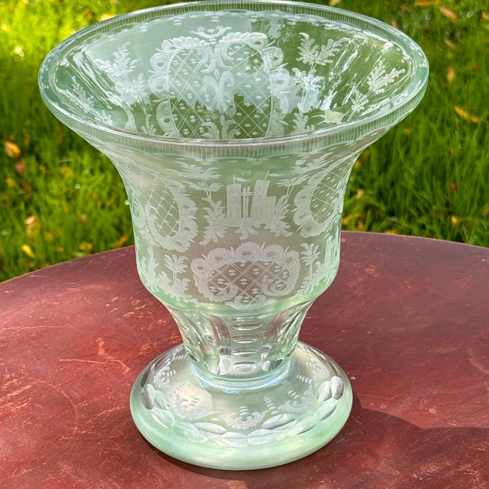 Antique Green Etched Bohemian Vase Featuring Castle Hare Elk Design