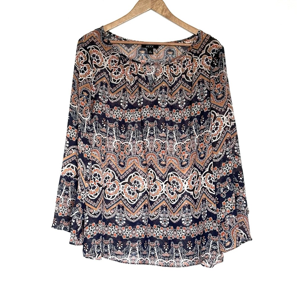 ALYX Plus Shirt Women’s 1X Geometric Boho Sheer Bell Sleeve Pullover Blouse Top