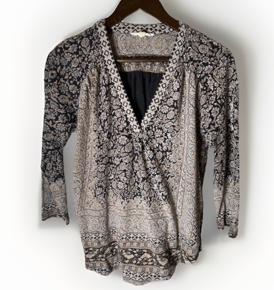 Lucky Brand Blouse Womens Size L Print V-Neck Top pull over Long Sleeve Boho