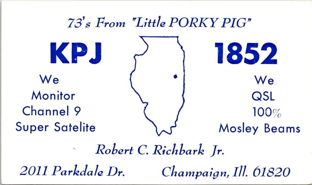 1970s Little Porky Pig Champaign Illinois Vintage CB Ham Radio QSL Postcard
