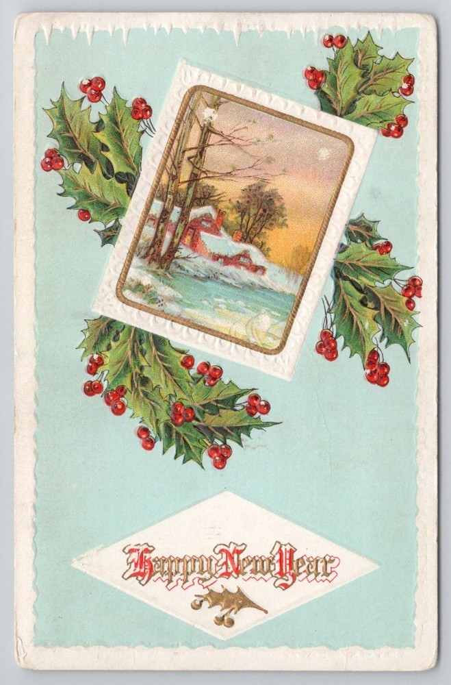 1912 Oneida IL Happy New Year Postcard - Embossed Winter Scene & Holly