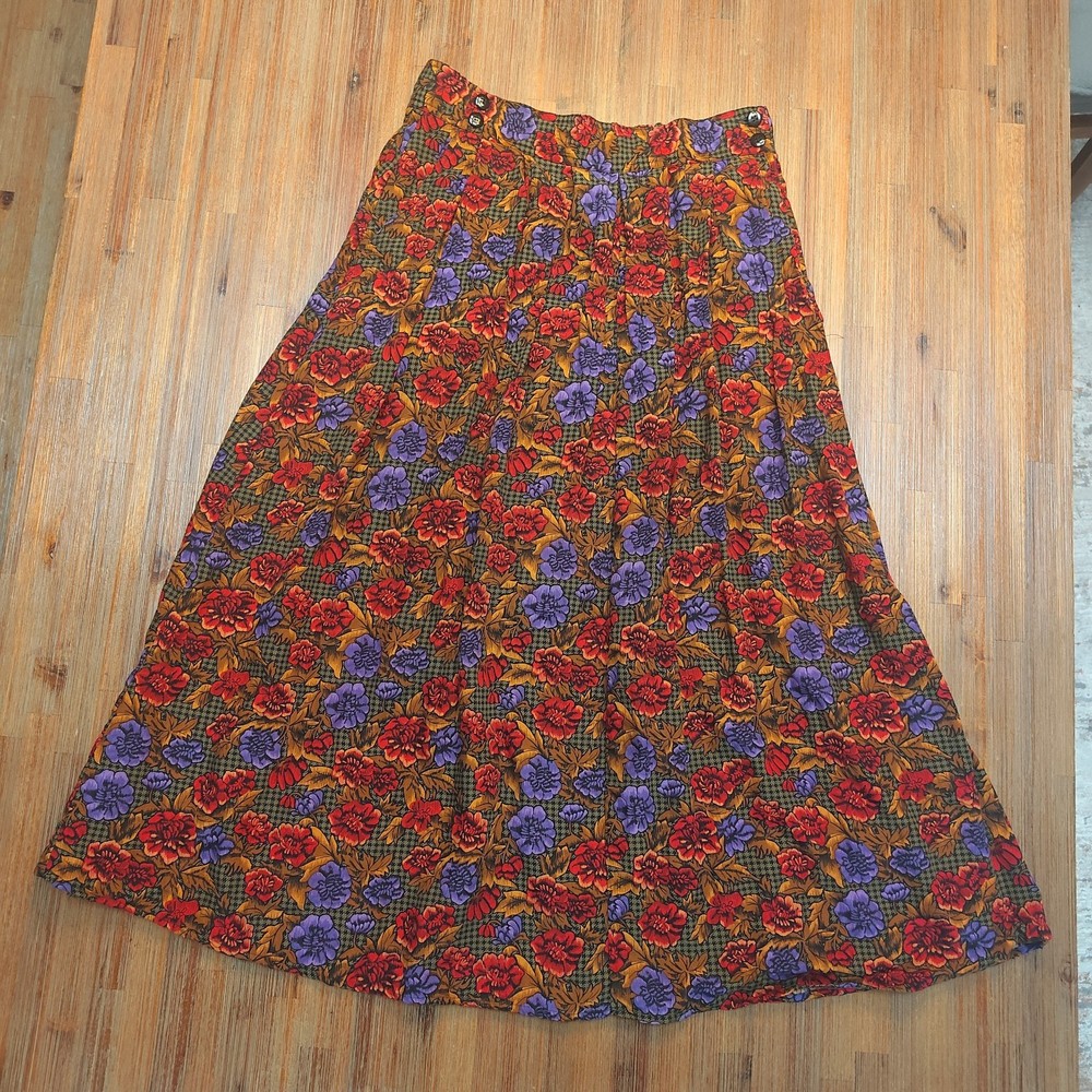 VTG  Colorayons Cottage Core Floral Midi Skirt Red Purple Houndstooth Sz 12