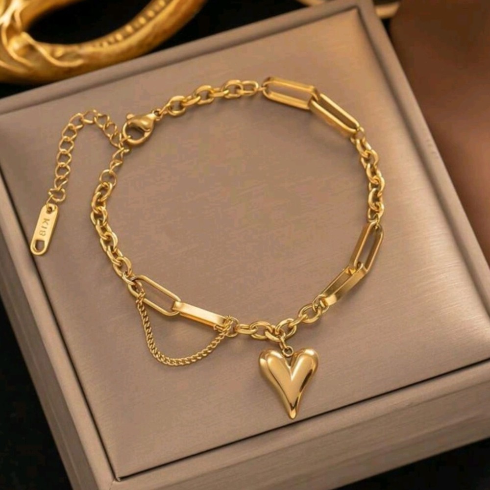 Chunky 14k Gold Bracelet with Puffy Heart and Paperclip Chain for Women Birthday Gifts