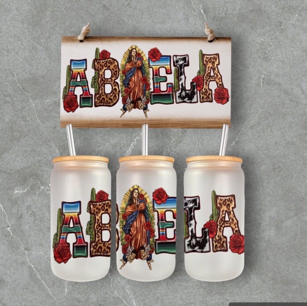 Abuela 16 oz Glass Can Bamboo Lid Reusable Straw Iced Coffee Smoothie Cup-image