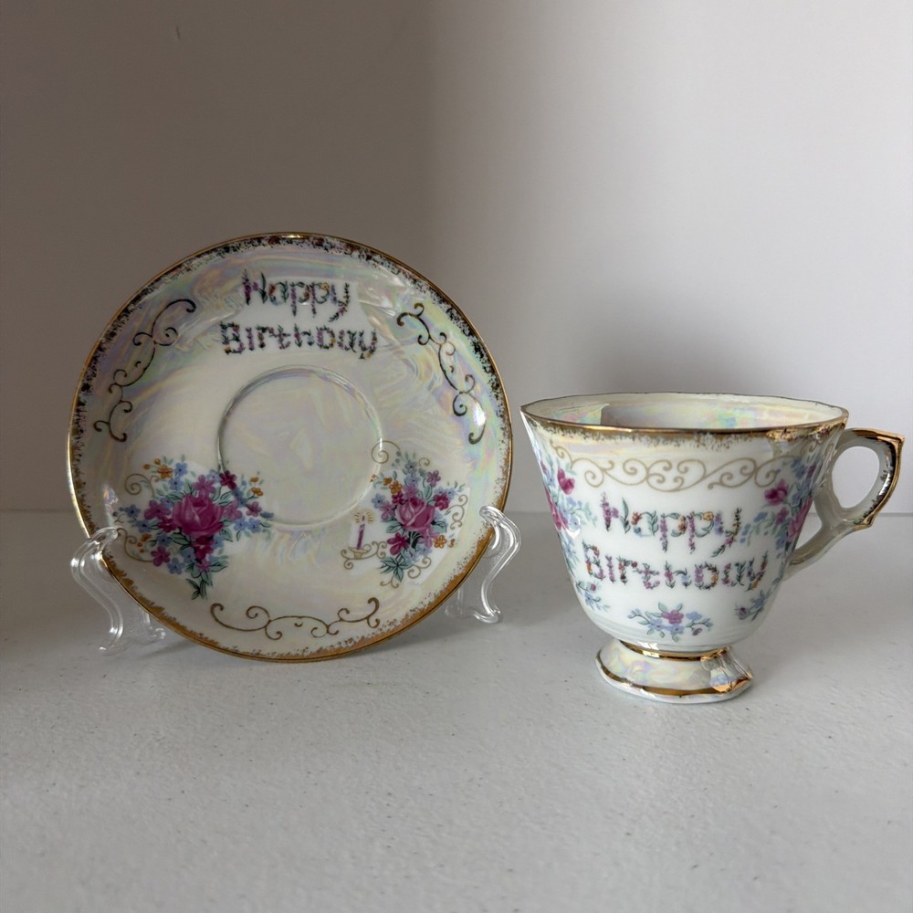 ENESCO Iridescent Happy Birthday Teacup and Saucer Set Gold Trim