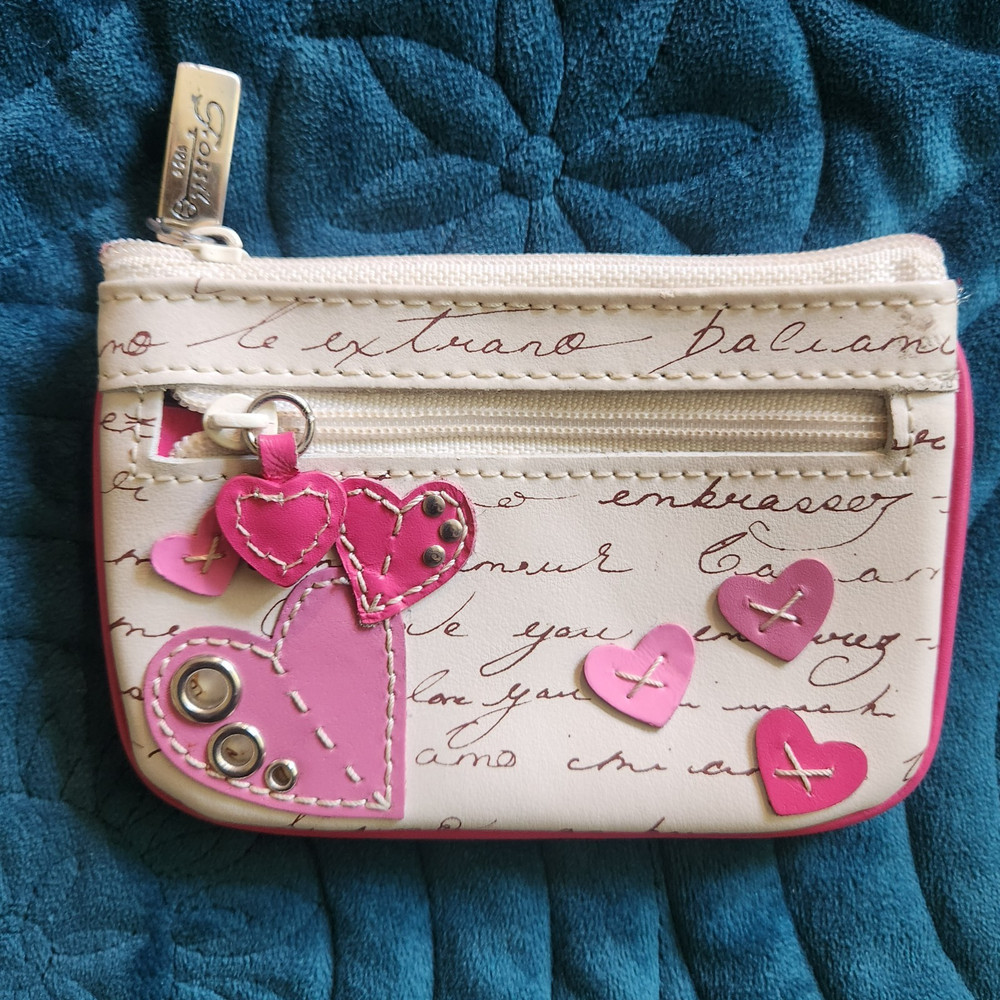 Vintage Y2K Fossil cardholder/wallet, heart pattern pink and white