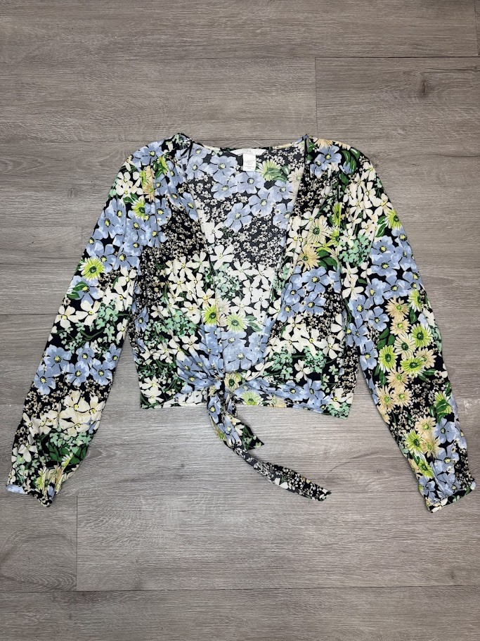 Floral Wrap Tie Front Crop Top Long Sleeve Womens Medium