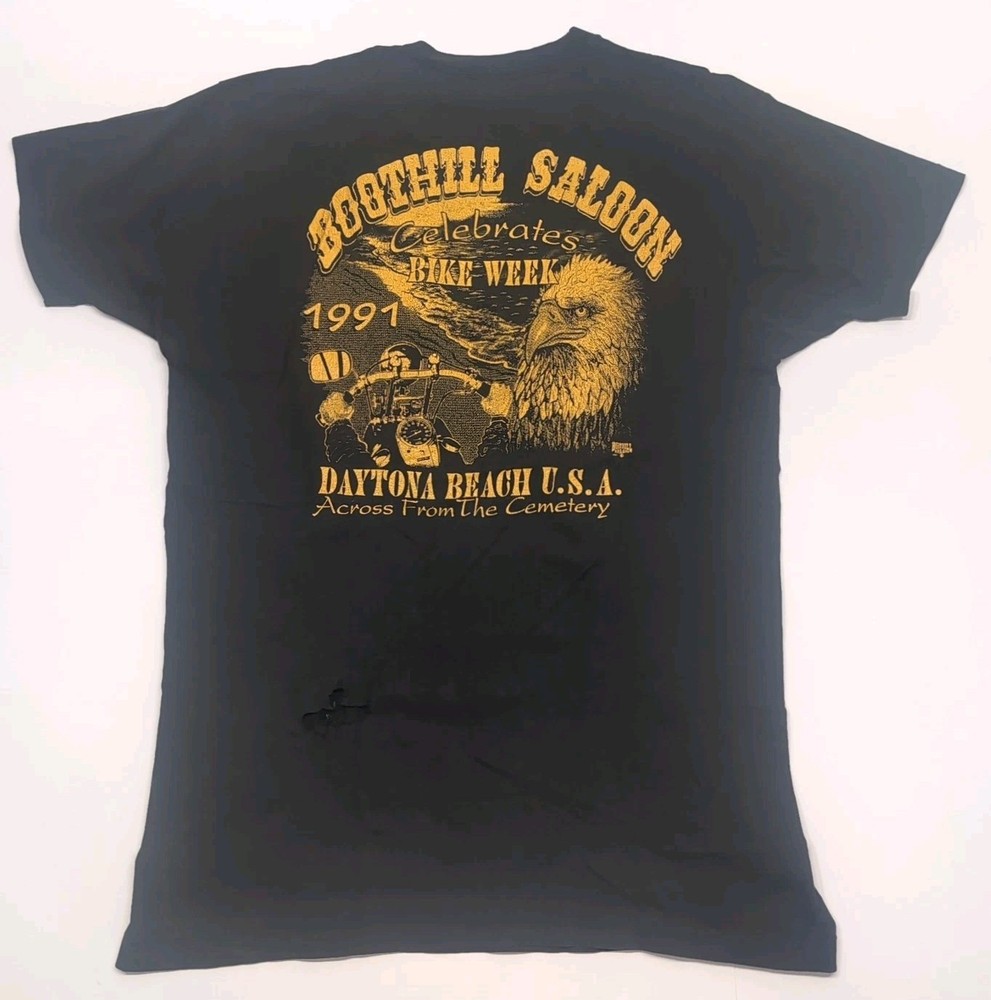 Vintage 1991 Boothill Saloon Pocket T-Shirt Single Stitch XL Black Daytona Biker