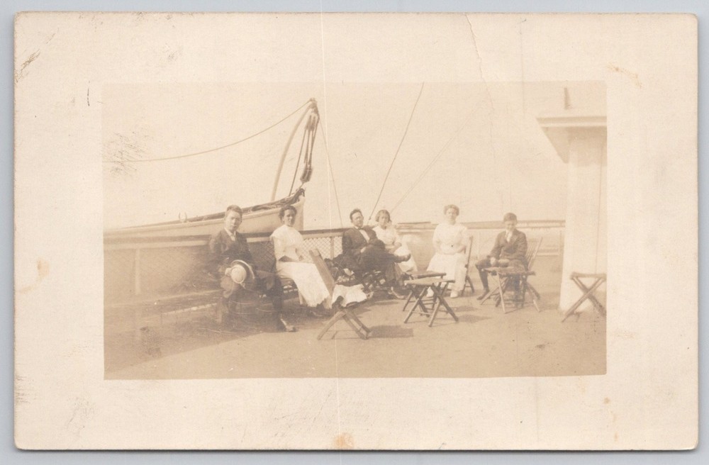 Block Island 1912 RPPC Group on Ship Deck Vintage Real Photo Postcard