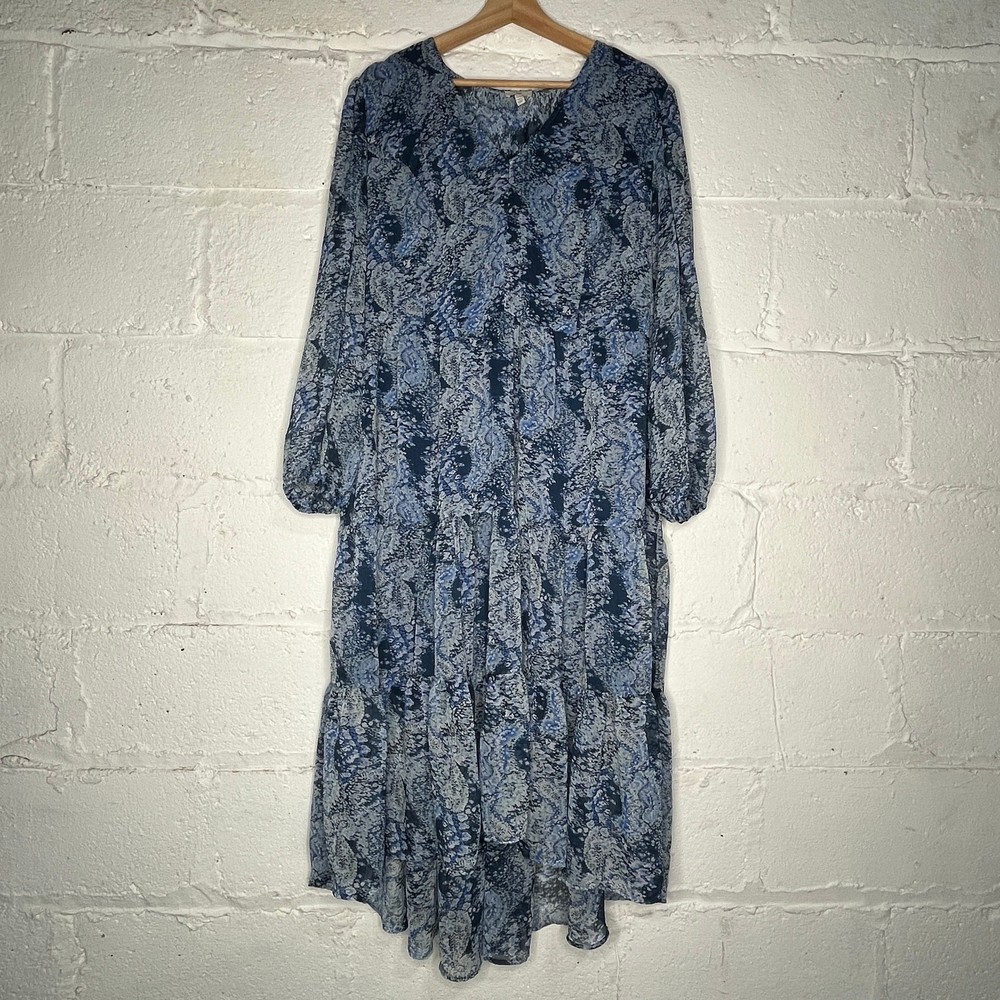 JOIE Women's Blue Parisian Paisley Tiered High Low Long Sleeves  Maxi Dress XL
