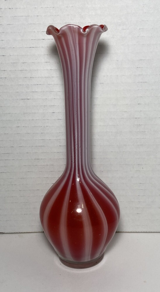 Vintage Hand Blown Red & White Candy Striped Swirl Glass Bud Vase