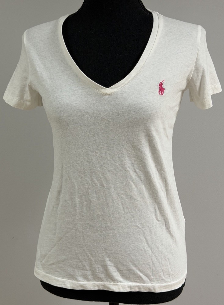 Polo Ralph Lauren Women V-neck White T-shirt Pink Embroidered Pony Logo Size SP