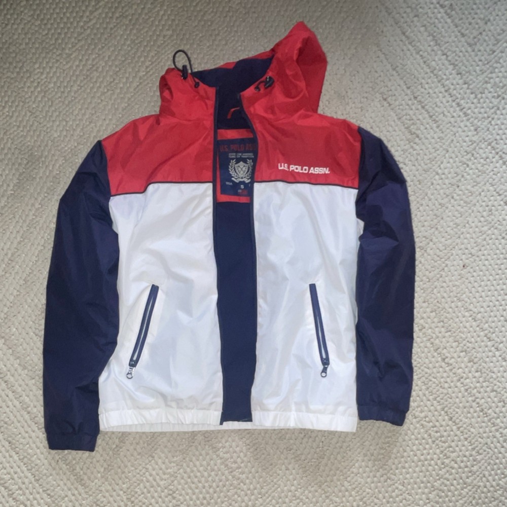 U.S. Polo Assn. Men's Hooded Colorblock Windbreaker Jacket Red White Navy S