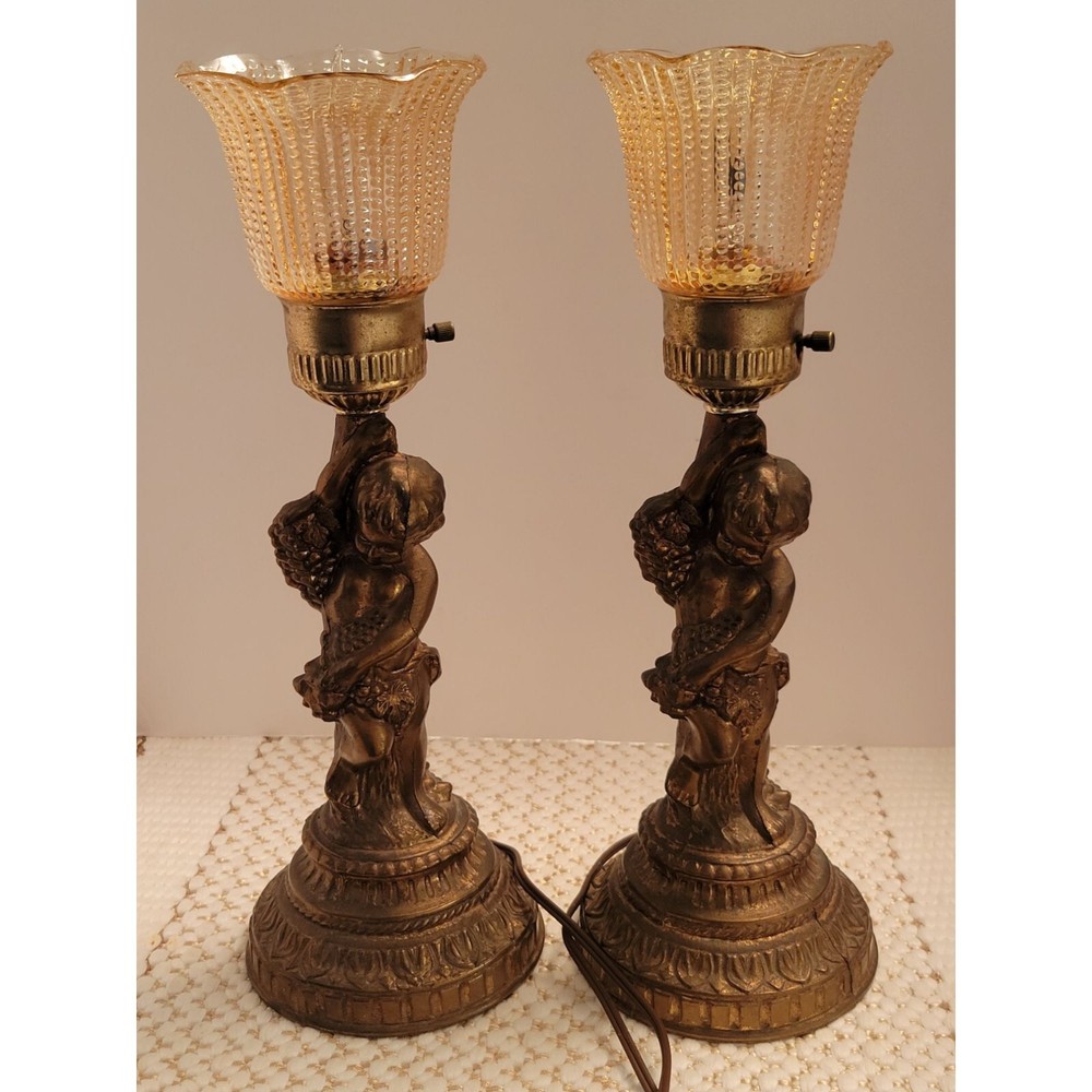 Vintage Cast Brass Cherub Table Lamps W/ Amber Glass Shades Accurate Cast USA-image