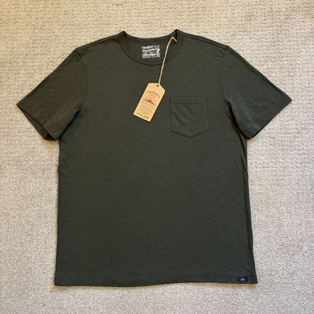 Faherty Sunwashed Short Sleeve T Mens Sz Sz L Green Organic Cotton Pocket Shirt