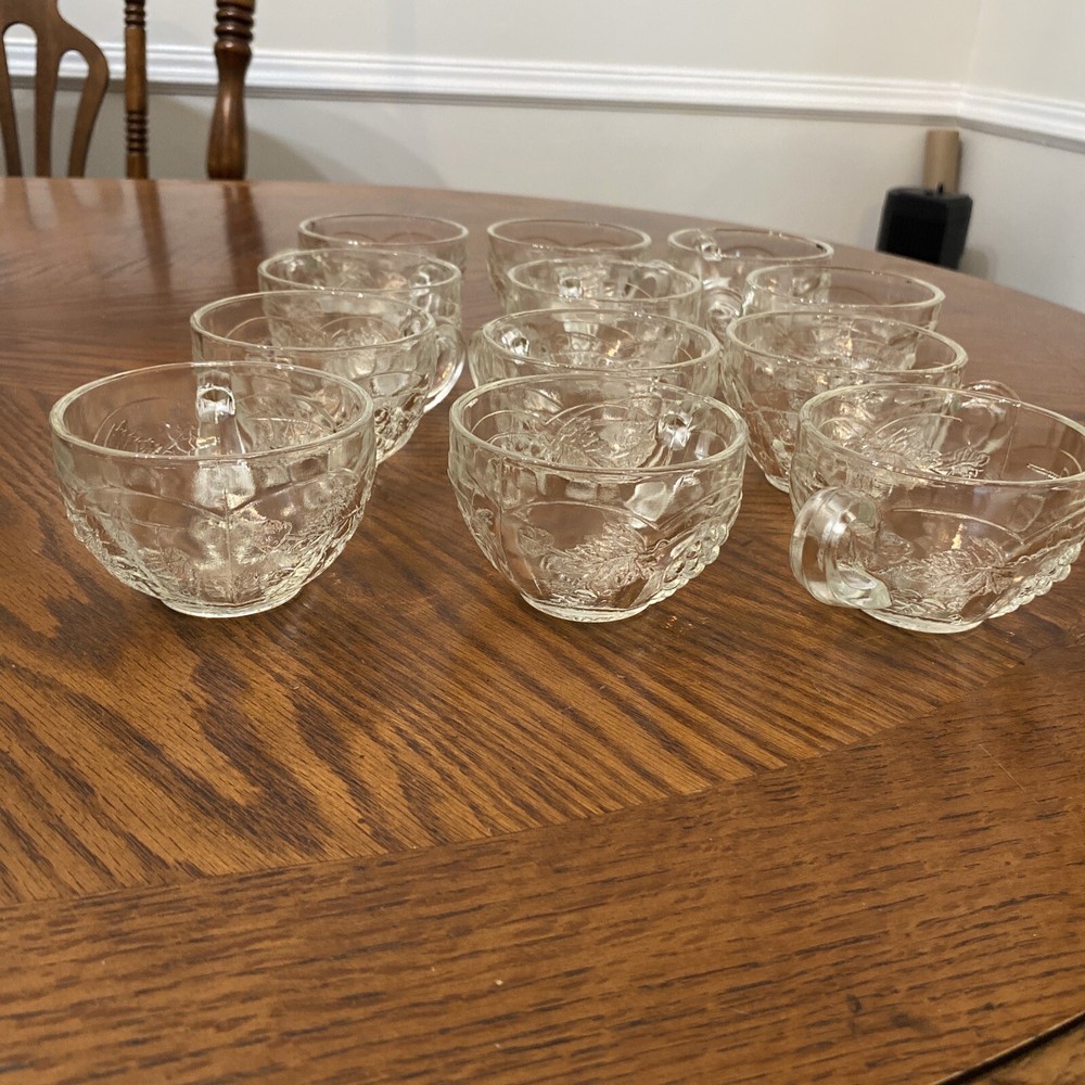 Anchor Hocking 12 Clear Glass Harvest Grape Pattern Punch Bowl Cups