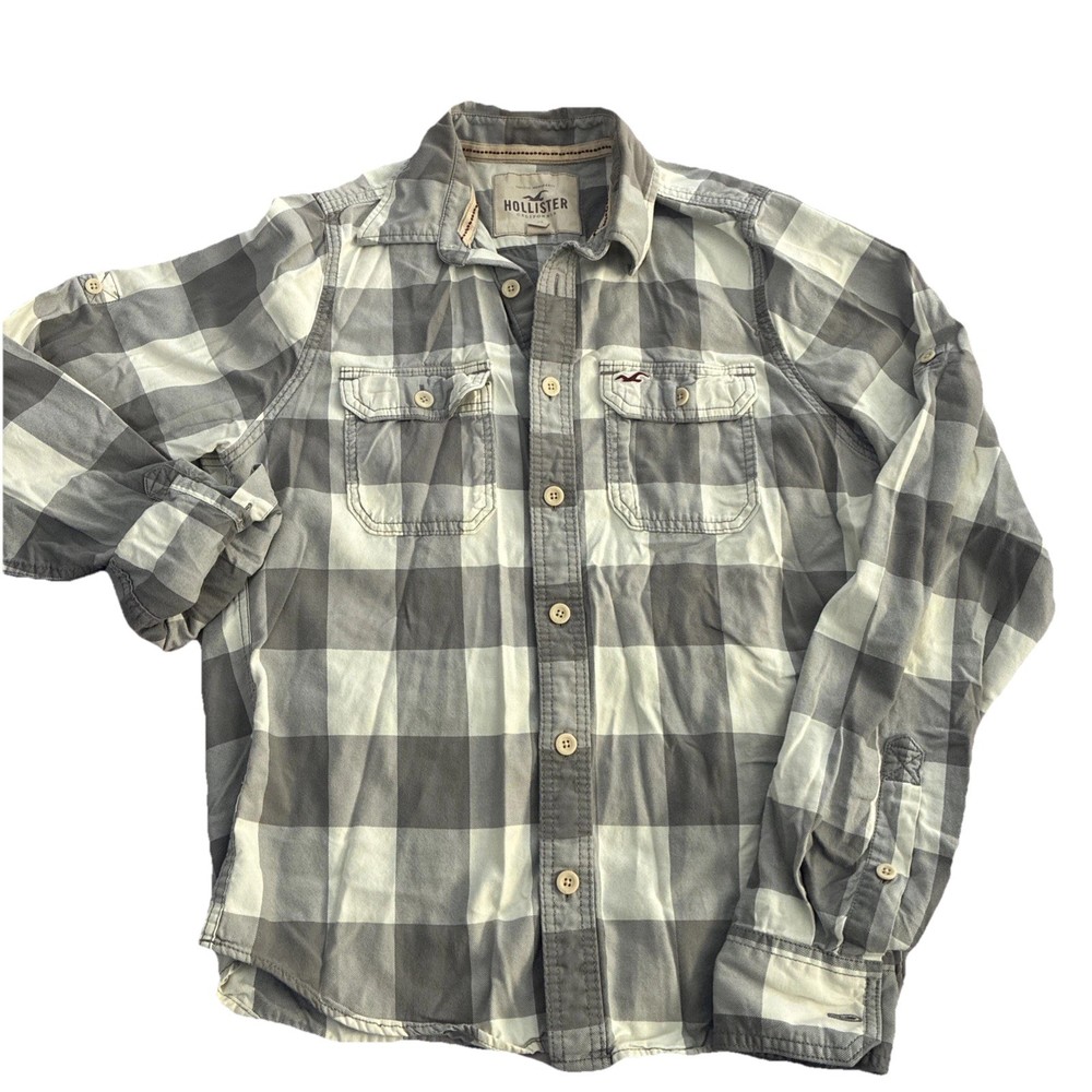 Hollister Men's Flannel Shirt White/Gray, Button-Up, Size Large