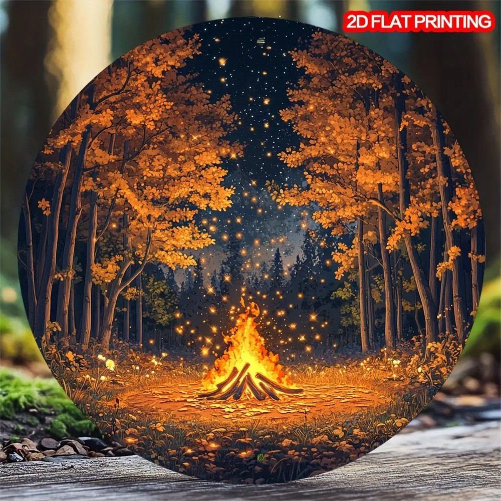 Round Autumn Forest Campfire Starry Night Aluminum Wall Art
