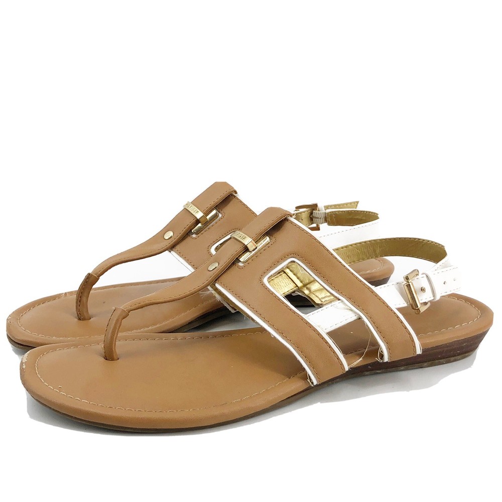 Tommy Hilfiger Brown White & Gold Flat Summer Sandal Size 9 M